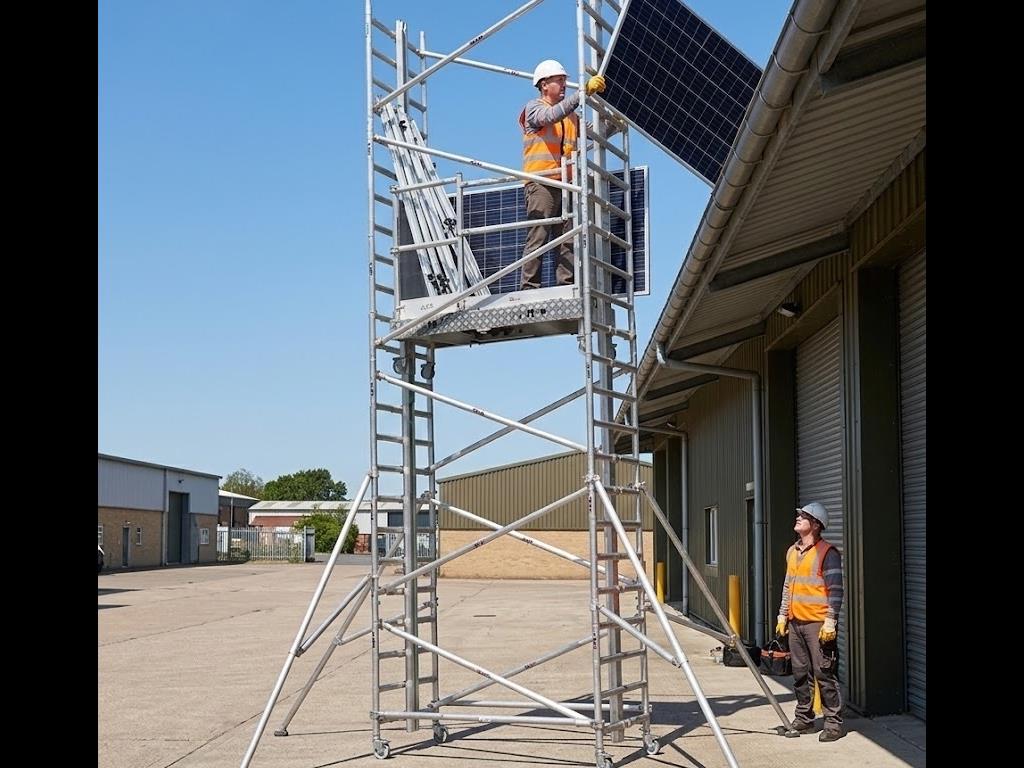 Alu-lift Type M bij een dakrand tijdens montage van zonnepanelen