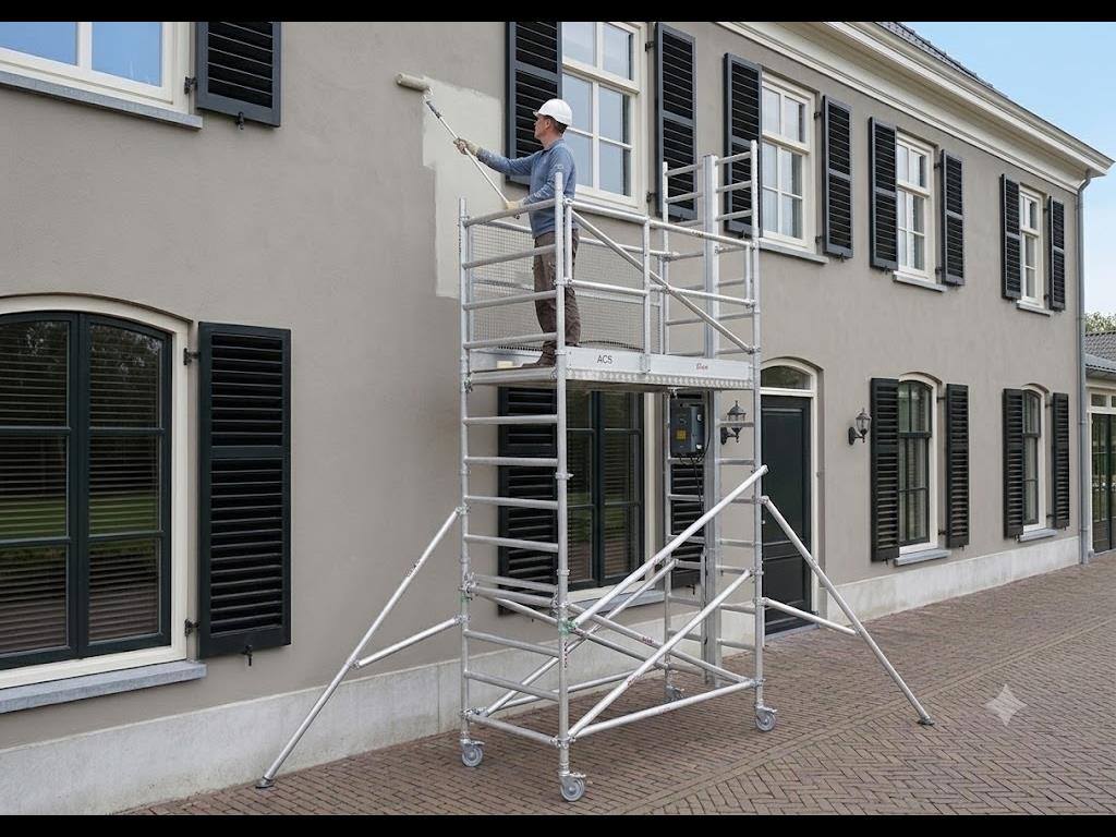 Schilder werkt vanaf het platform van een Alu-lift aan een gevel op hoogte