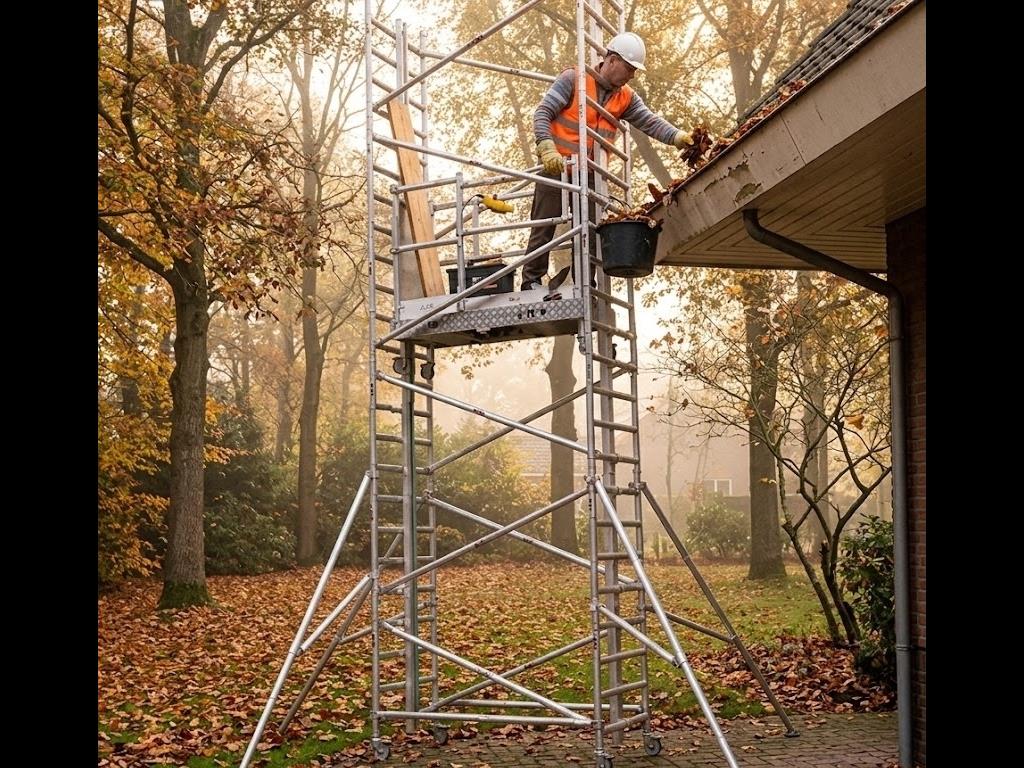 Alu-lift Type M langs een dakgoot tijdens onderhoud aan de dakrand