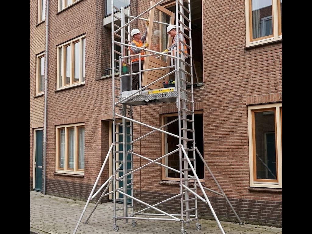 Kozijn op het platform van een Alu-lift Type M bij een bovenverdieping