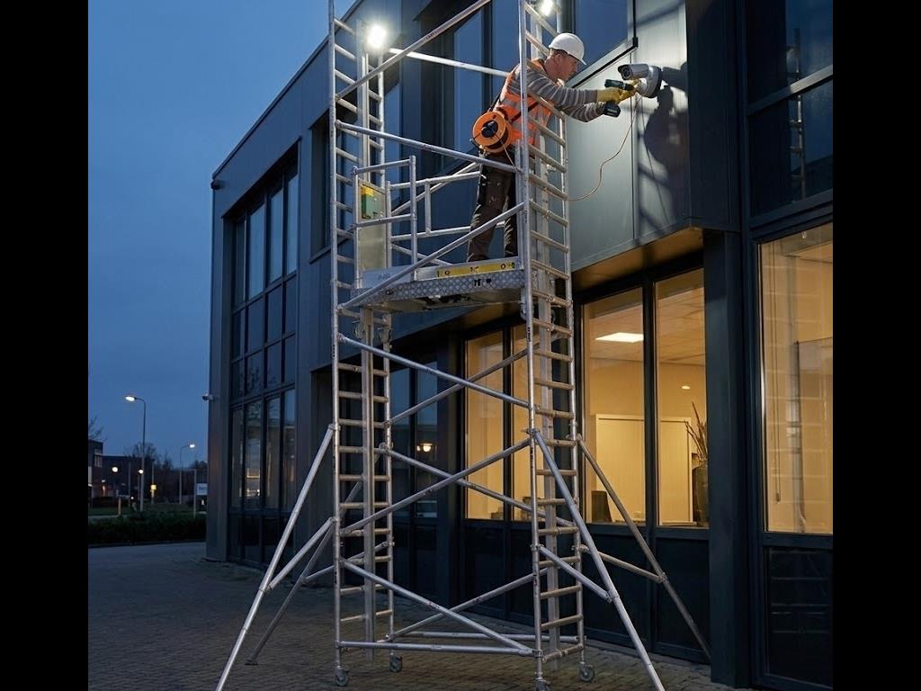 Monteur bevestigt verlichting aan een gevel vanaf een Alu-lift Type S