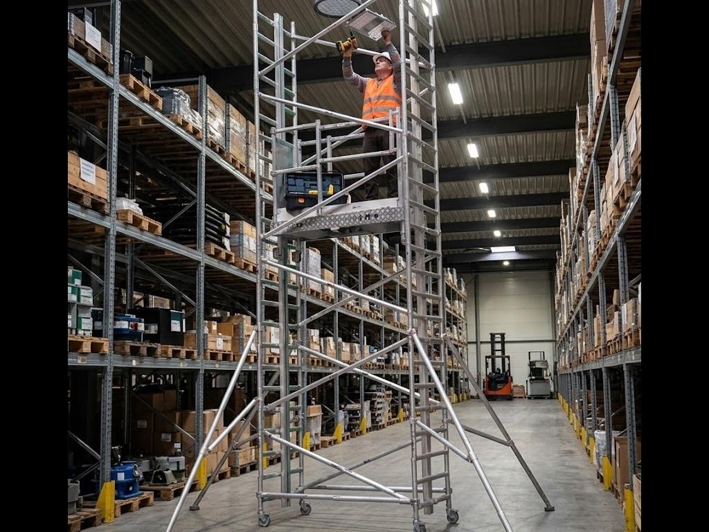 Alu-lift in een bedrijfshal tijdens onderhoud aan verlichting op hoogte